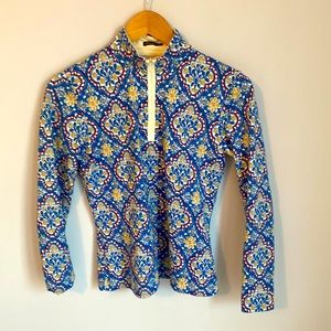 J McLaughlin blue/gold flower print quarter zip S